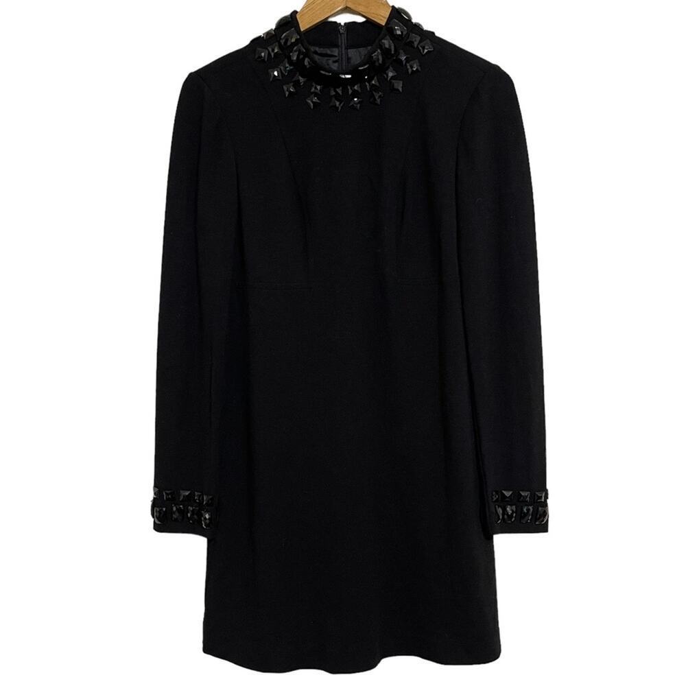 Trina Turk Black Embellished Long Sleeve Wool Blend Sheath Dress